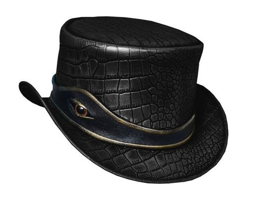 Steampunk Leather Top Hat Black, El Dorado Hat With Golden Eye Band Bikers Hat