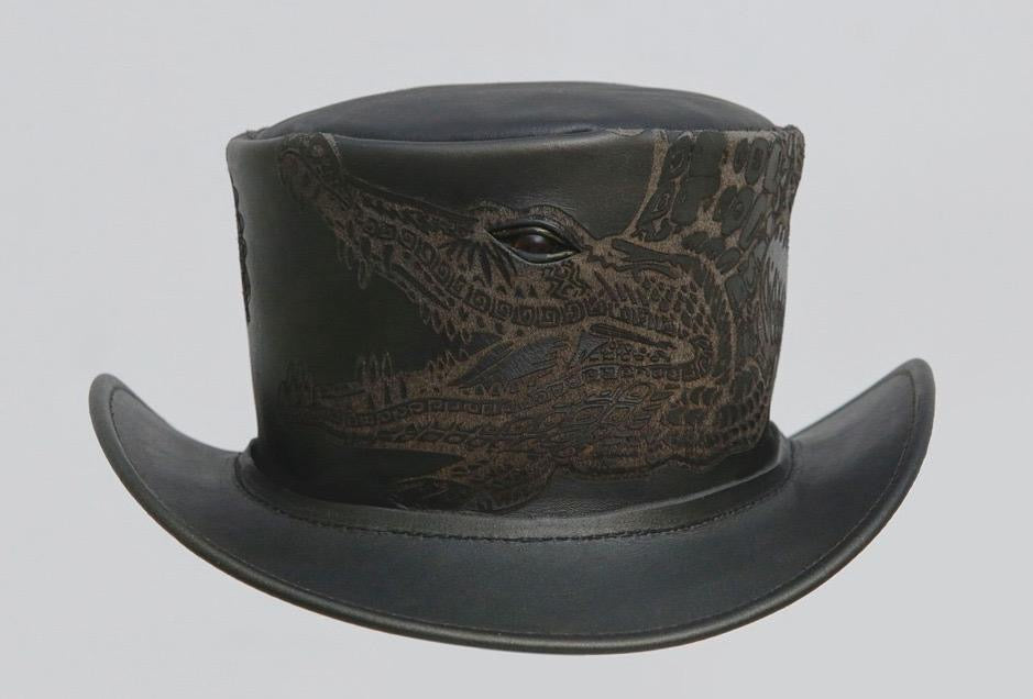 Steampunk leather top hat with crocodile engraved design hat Best gift for him