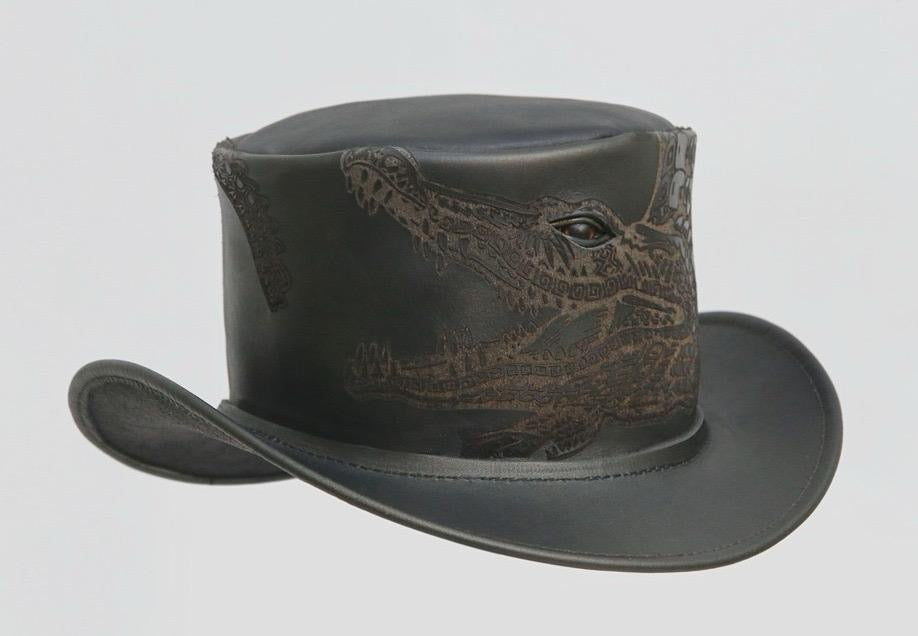 Steampunk leather top hat with crocodile engraved design hat Best gift for him