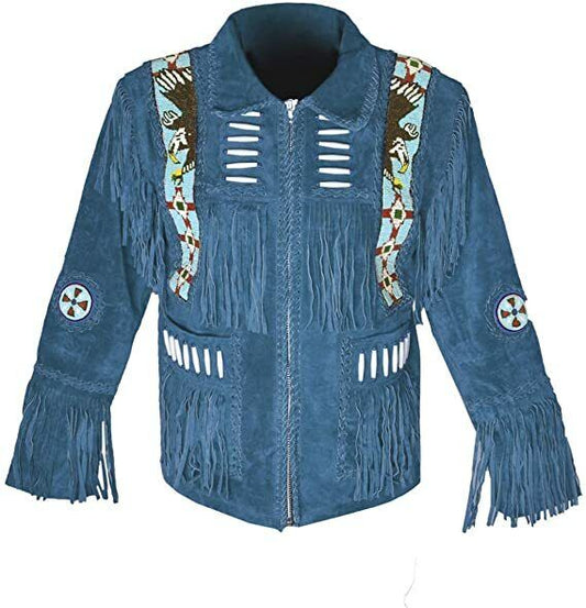 Blue Western Suede Fringe Coat