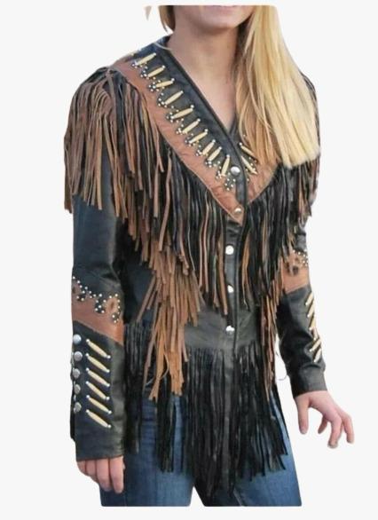 Suede Leather Western style Fringed jacket for women Black with brown fringes , classic traditional Native American Best gift for her