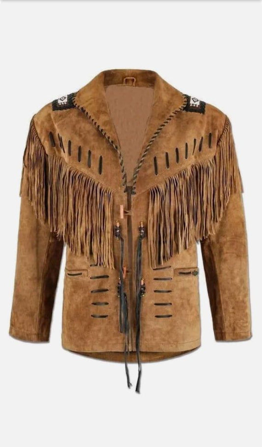 Western Cowboy Leather jackets for Men with Fringed & beads Work, Suede leather jacket Brown