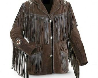 Western Cowboy Leather jackets for Men with Fringed & beads Work, Suede leather jacket dark Brown