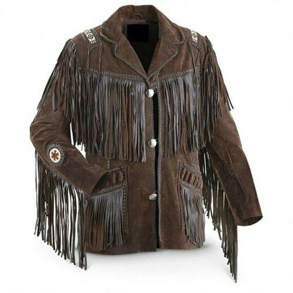 Western Cowboy Leather jackets for Men with Fringed & beads Work, Suede leather jacket dark Brown