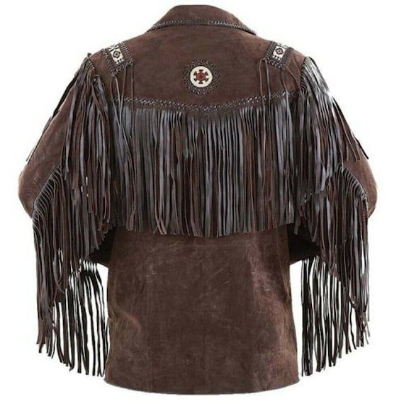 Western Cowboy Leather jackets for Men with Fringed & beads Work, Suede leather jacket dark Brown