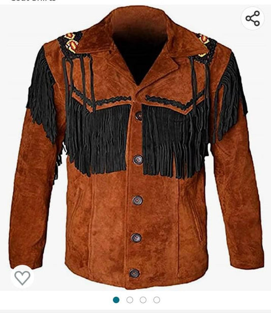 Western Cowboy Leather jacket for Men with Fringes Work, Suede leather jacket Brown