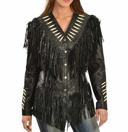 Suede Leather Western style Fringed jacket for women Black with fringes , classic traditional Native American Best gift for her