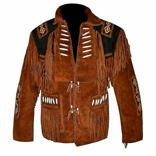 Western Cowboy Leather jackets for Men with Fringed & beads Work, Suede leather jacket