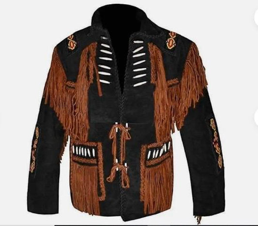 Western Cowboy Leather jackets for Men with Fringed & beads Work, Suede leather jacket