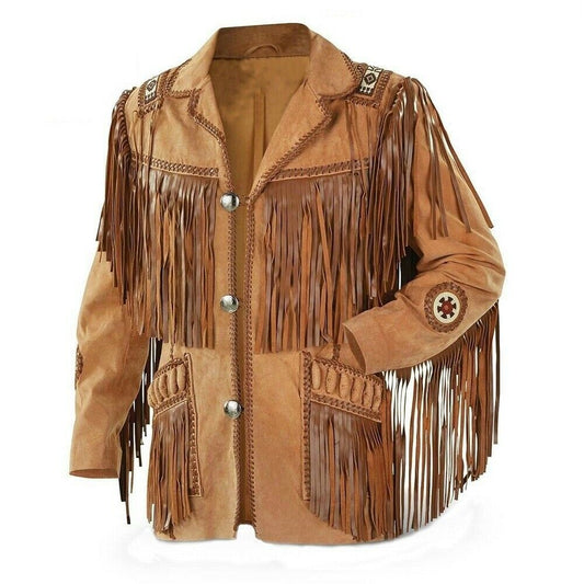 Western Cowboy Leather jackets for Men with Fringed & beads Work, Suede leather jacket Brown